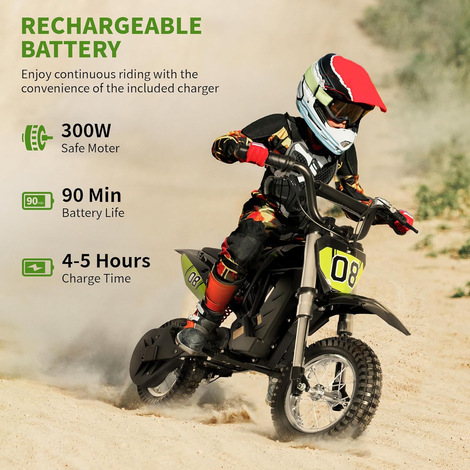 36V 300W Kids Electric Dirt Bike, Ride on Motorcycle Up to 15.5 MPH & 13 Miles Long-Range, 3-Speed Modes Motorcycle for Kids Ages 5-10