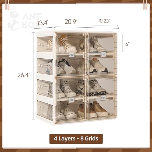 Foldable Shoe Rack,Shoe Organizers for Closet Plastic Shoe Storage Box Space Saving for Entryway, Large Sturdy Stackable Sneaker Cabinet Bins with Magnetic Clear Door 8 Tiers 16 Pairs