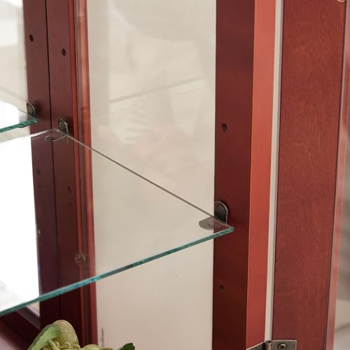 Dolonm Curio Corner Cabinet with Glass Doors, Curio Display Cabinets with Adjustable Shelves, Corner Display Cabinet with Mirrored Back Panel, Lighted Corner Curio Cabinet, Light Bulb Included, Cherry