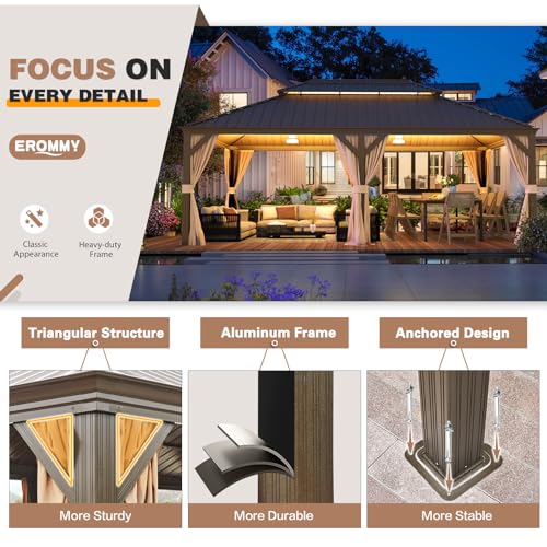 EROMMY 14'x20' Hardtop Gazebo Double Roof Galvanized Steel Canopy Outdoor Aluminum Frame Permanent Metal Pavilion with Netting and Curtains for Patio Backyard Deck and Lawns