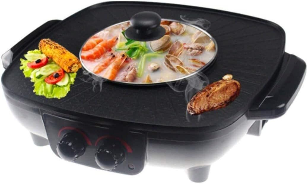 Korean Barbecue Hot Pot Double Pot, Integrated Cooker Pot, Smokeless Non-Stick Barbecue Grilled Shabu-Shabu Electric Hot Pot Electric Barbecue Electric Baking Pan, 1700W