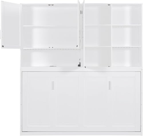 MERITLINE Twin Horizontal Murphy Bed with Storage Cabinet, LED Light and Charging Station,Wood Folding Murphy Wall Bed Cabinet with Bookcase and Shelves for Adult (White)