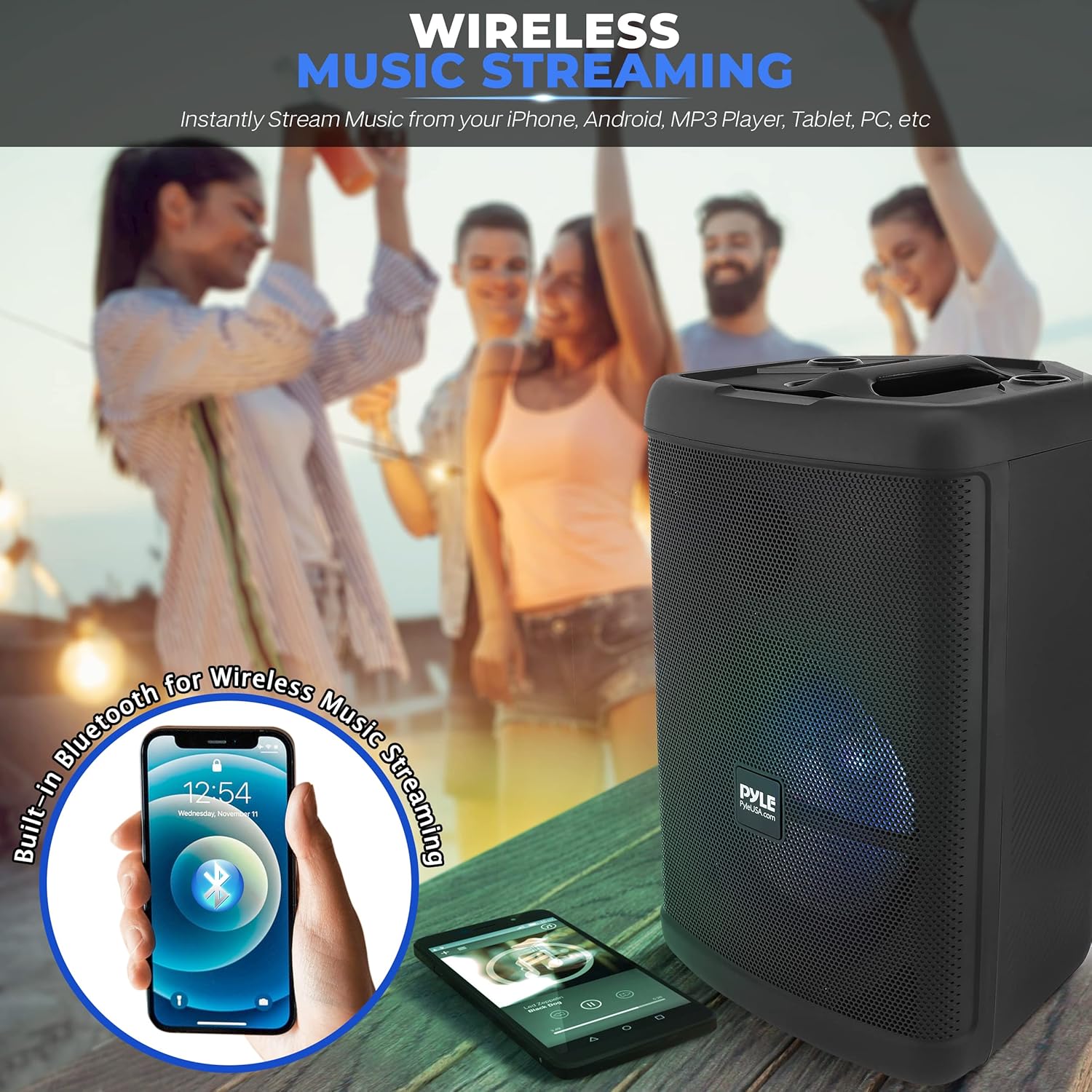 Pyle Portable Bluetooth PA Speaker - 500W 15” Rechargeable Outdoor BT Karaoke Audio System - TWS, Party Lights, LED Display, FM/AUX/MP3/USB/SD, 6.5mm in, Carry Handle - Wireless Mic, Remote Control