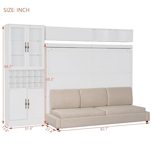 Merax Queen Size Murphy Bed Wall Bed with Sofa, Shelves, USB & Light - Space Saving Foldable Bed for Small Apartments, Grey