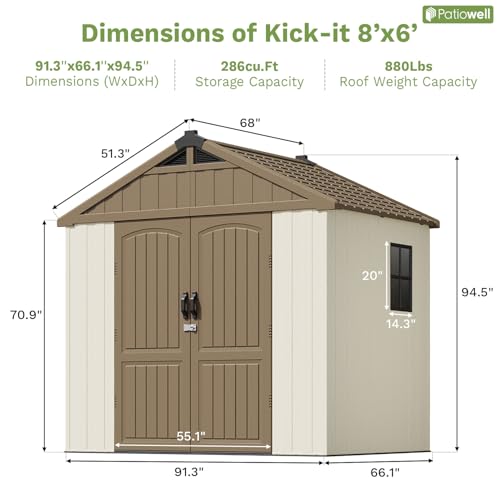 Patiowell 8 x 12 FT Plastic Outdoor Storage Shed with Floor, Resin Shed with Window and Lockable Door for Garden, Backyard, Tool Storage Use, Easy to Install in Beige (Kick-it Shed)