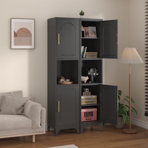 Kitchen Pantry Cabinet with Acrylic Glass Doors, 75" Metal Kitchen Hutch with Countertop, Adjustable Shelves, Freestanding Food Pantry Cabinet for Living, Dining Room, Black, Assembly Required