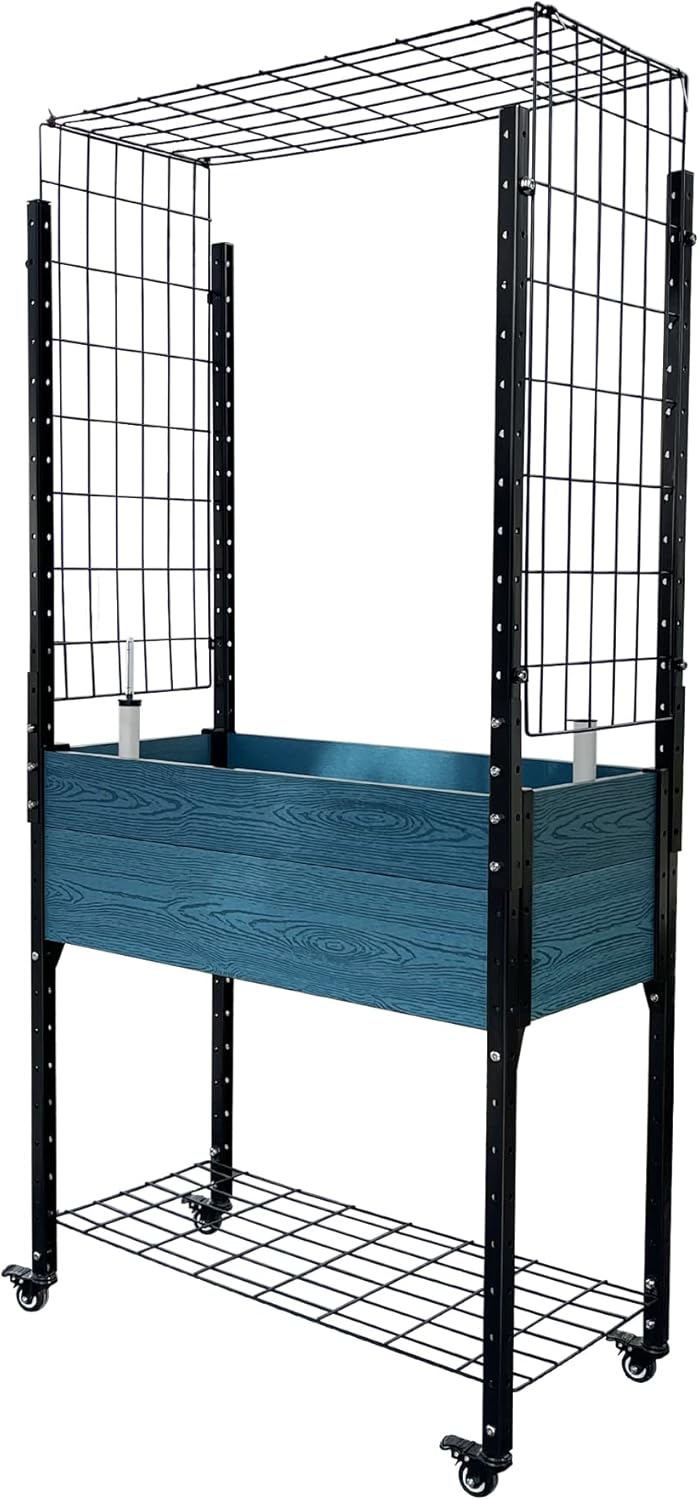 Self Watering Planter Box on Wheels: Raised Bed Planter with Trellis, Mobile Design and Unique Aged Blue Finish - Perfect for Gardeners, Designers, and Architects