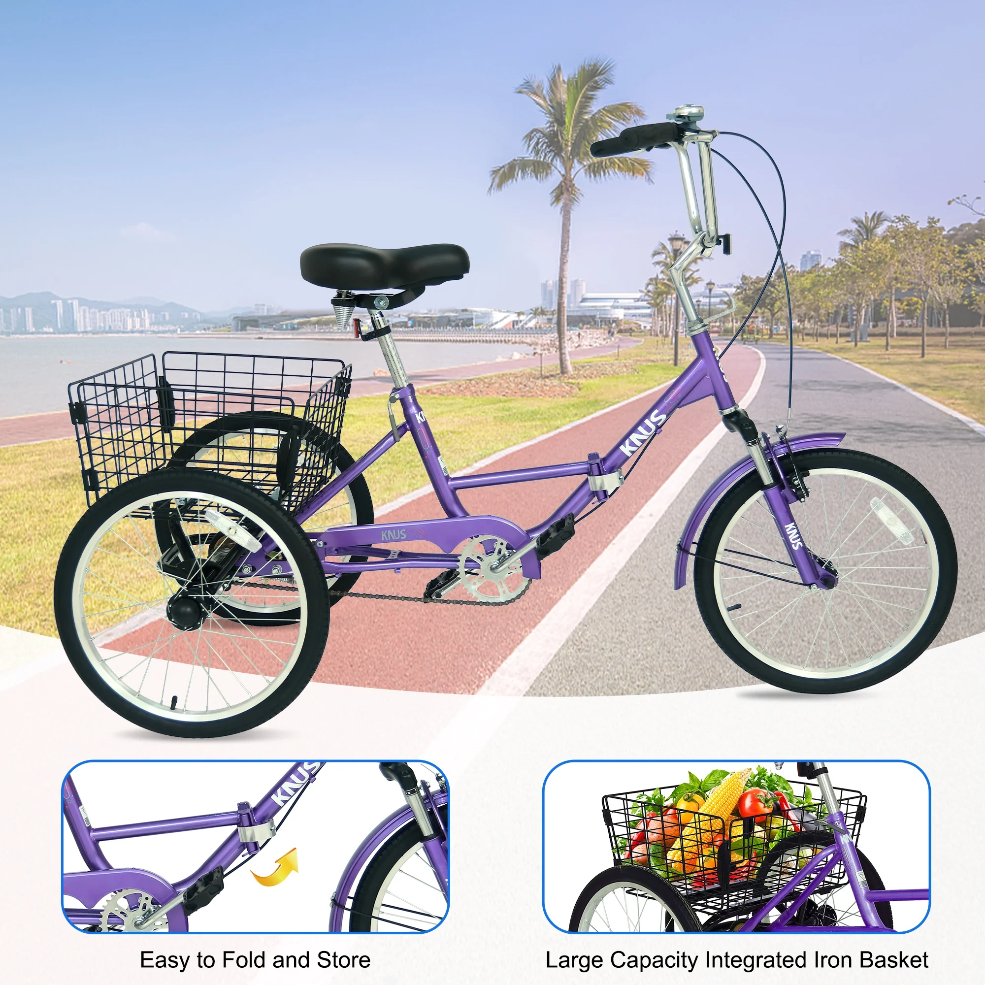 Okimo 20in 3-Wheel Folding Tricycles for Adult Portable Outdoor Folding Trike with Large Basket for Adults, Black