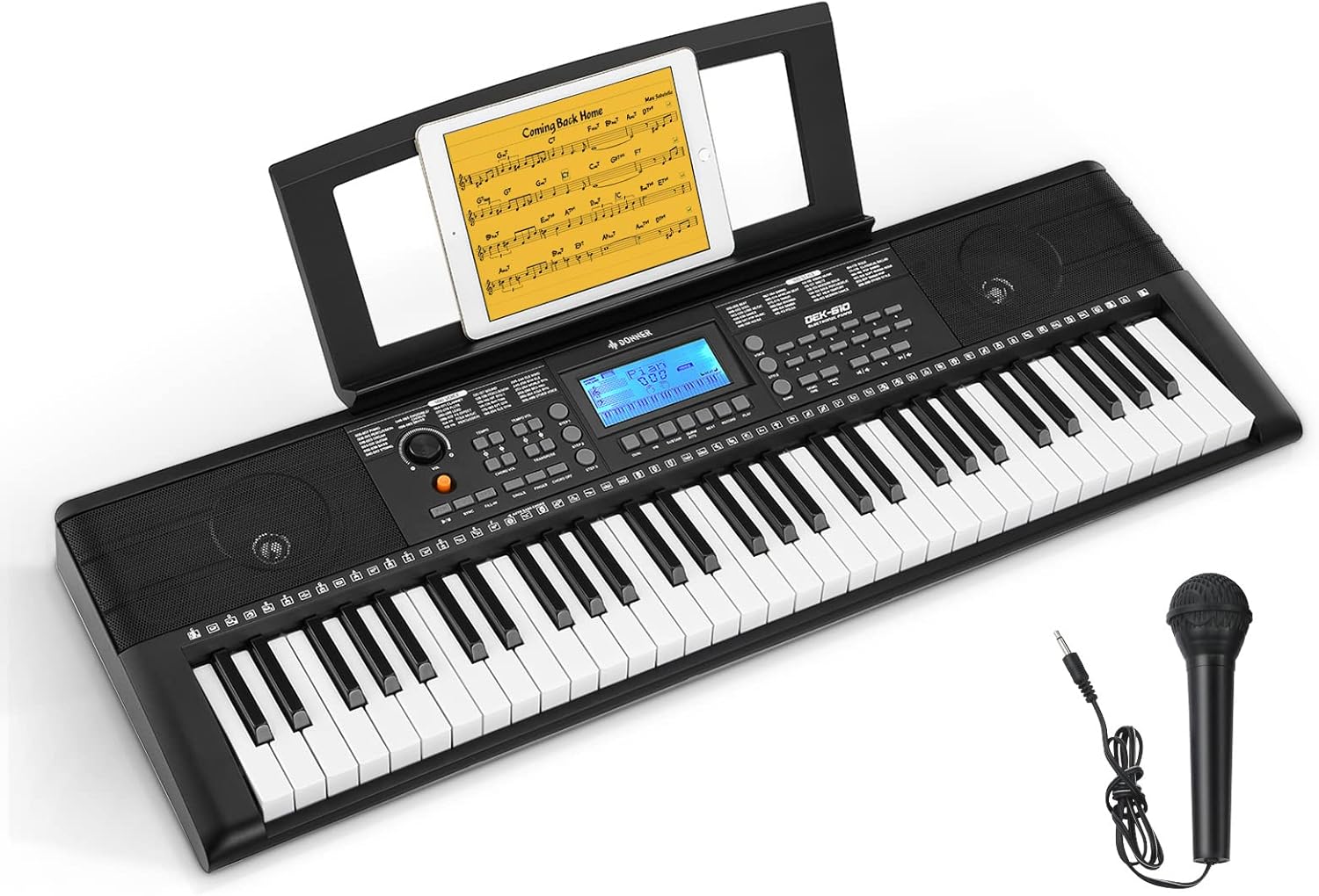 Donner Keyboard Piano, 61 Key Piano Keyboard, Full Size Electric Piano with Piano Stand, Stool, Microphone and Piano Course App, Supports MP3/USB MIDI/Audio/Microphone/Headphones/Sustain Pedal