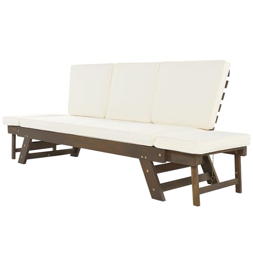 Outdoor Adjustable Patio Wooden Expandable Daybed Sofa with Pillows, Solid Wood Chaise Lounge with Water-Resistant Cushions for Small Places (Gray)