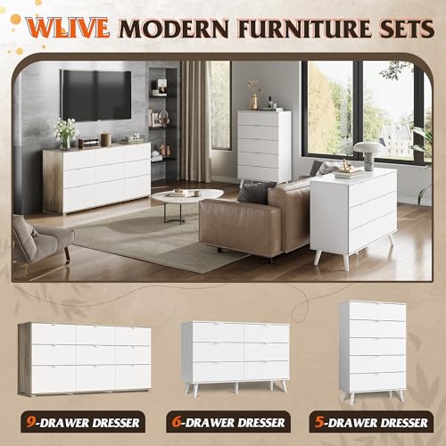 WLIVE 9 Drawer Dressers, Modern Large Wood Dresser Chest for Bedroom Organize with Sturdy Metal Handle, TV Stand for 75 inch TV, Living Room Office, Hallway, Ball Bearing Slide, Grey Oak (63" W)