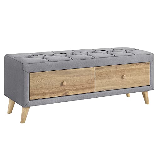 Upholstered Wooden Storage Ottoman Bench with 2 Drawers Button-Tufted Linen Padded Footstool Modern End of Bed Bench Entryway Storage Bench for Living Room Dining Room, Gray