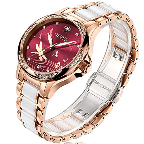 OLEVS Rose Gold Women's Watches, Ceramic Stainless Steel Band, Automatic Mechanical Watch, Waterproof Luminous Pointer Calendar, Diamonds Elegant Watches for Women, Red/Blue/White Dial [No Battery]