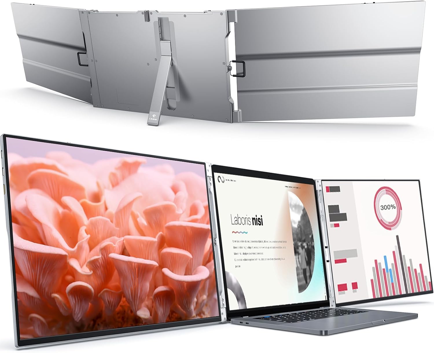 L LIMINK LK14 Portable Triple Monitor for 13-16" Laptop, 14" 1200P IPS Triple Screen Laptop Monitor Extender, Triple Screen Laptop Monitor extender with USB-C & HDMI Port, Compatible Mac & Wins