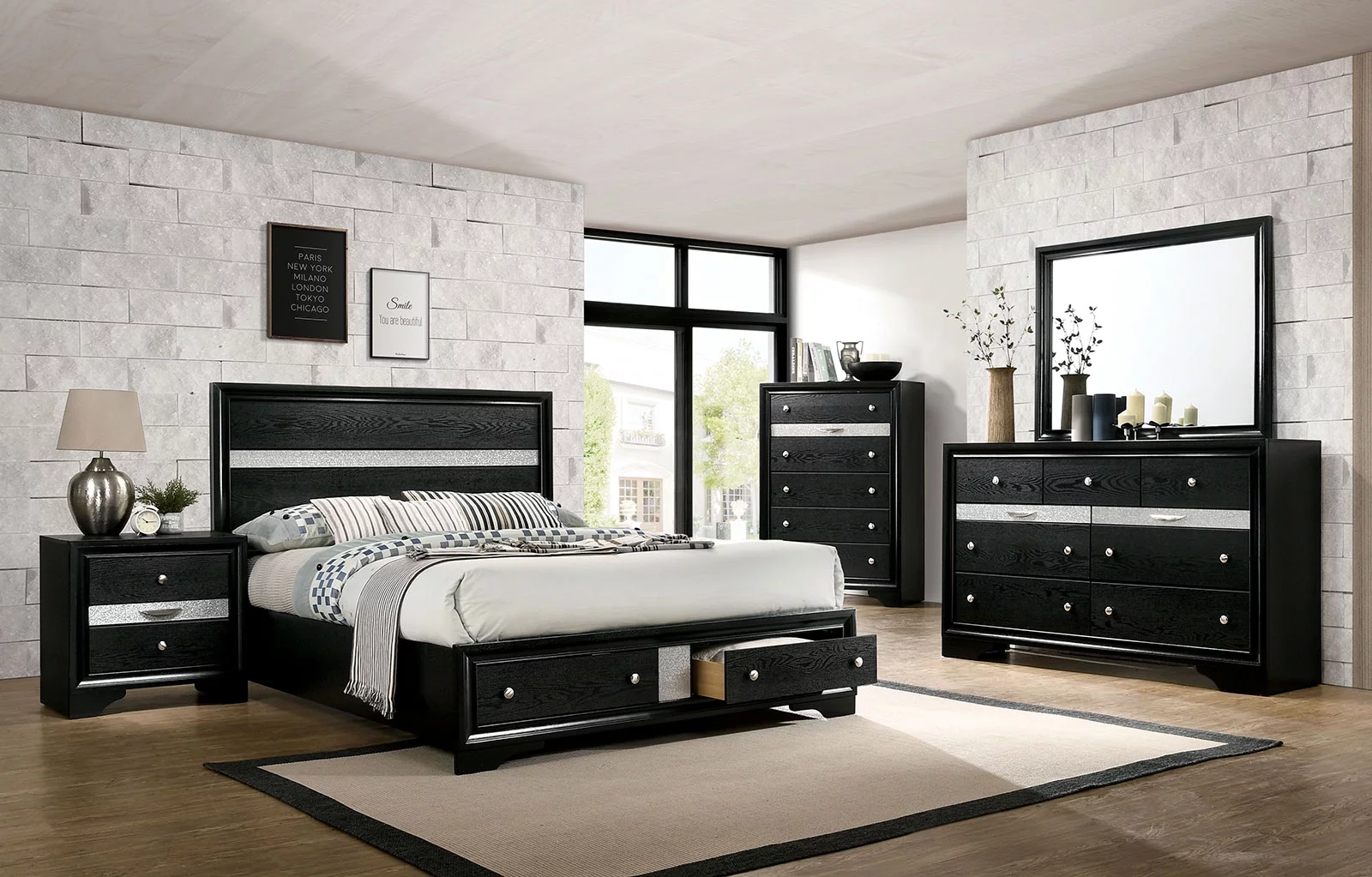 Black Classic Queen Size Bed Panel HB Dresser Nightstand w Jewelry Tray Mirror 4pc Set Solid Wood Bedroom Furniture