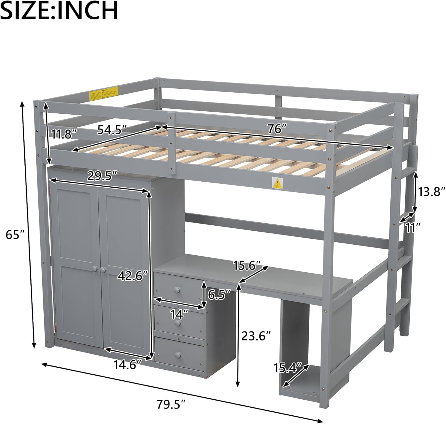 Full Size Loft Bed with Desk & 3 Storage Drawers & Wardrobe Design for Kids Bedroom,Solid Wood Bedframe w/Ladder & Safety Guardrails,No Box Spring Needed & Super Save Space, Gray