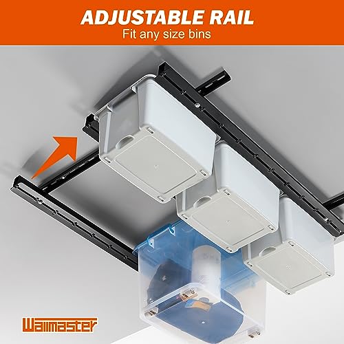 Wallmaster Garage Overhead Storage Rack, Ceiling Bin Organization System With Adjustable Rails, Heavy Duty Metal Overhead Bin Rack Holds Up to 5 Tote Bins (Black)