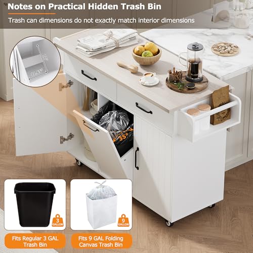 60" Kitchen Island with Drop Leaf and Power Outlet, Rolling Kitchen Cart on Wheels with Trash Can Storage Cabinet, Spice Rack, Towel Rack and Adjustable Shelf for Dining Room