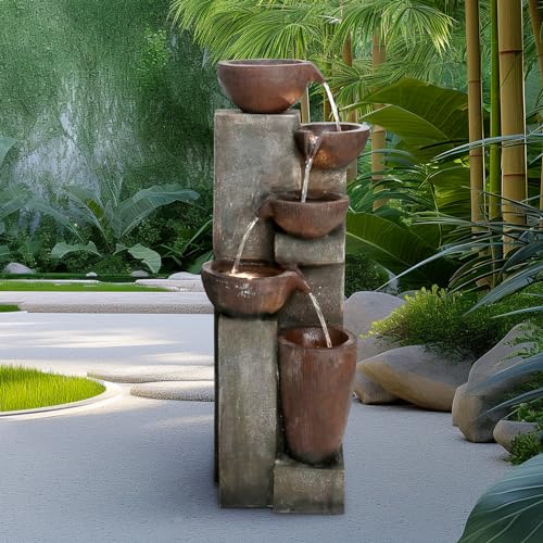 Naturefalls 5-Tier Outdoor Water Fountains with LED Lights - 39”H Floor Standing Indoor Water Fountains for Garden, Patio, Deck, Porch - Yard Art Decor (Grey, 39H inches)