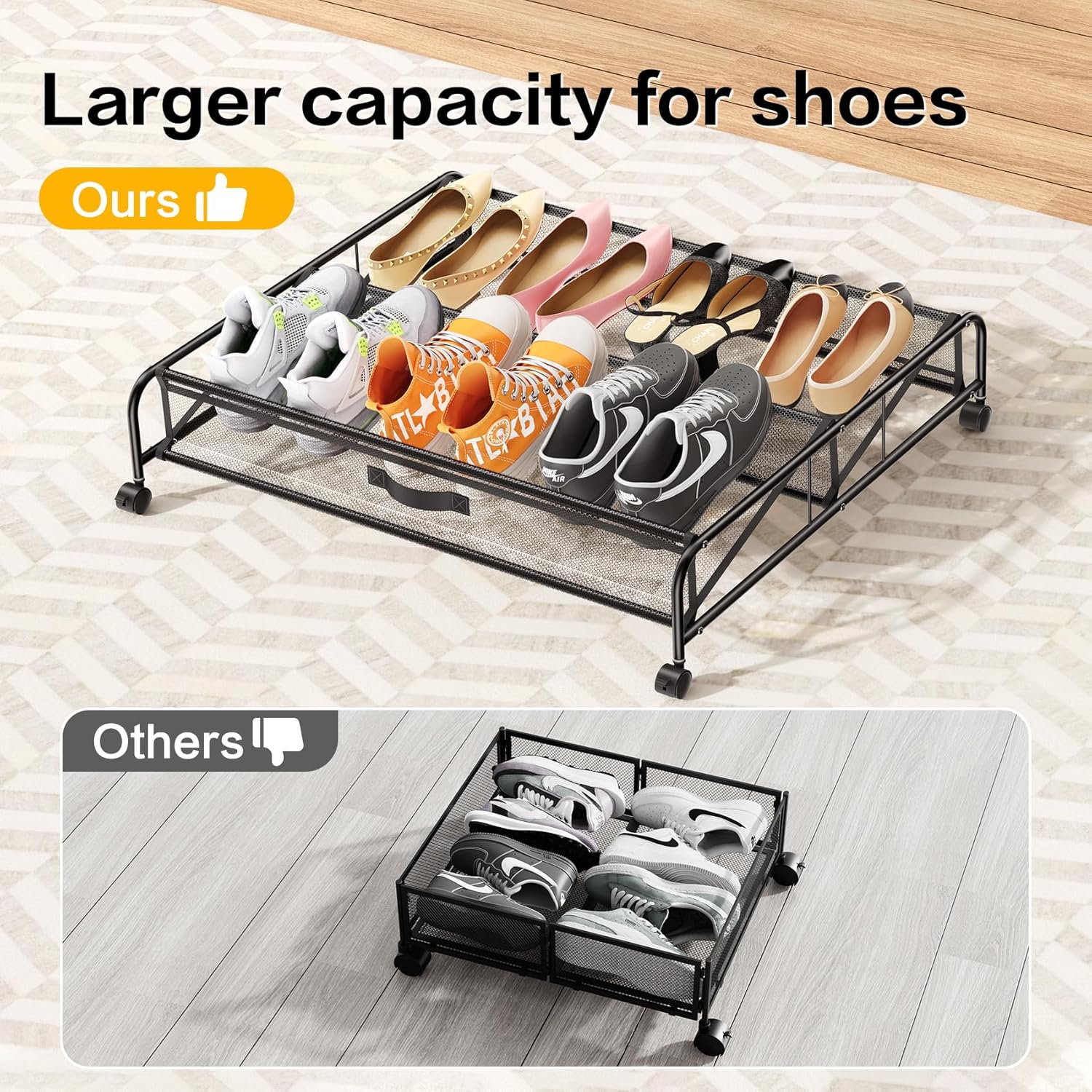 Under Bed Shoe Storage Organizer, 2 Pack Under Bed Storage Containers with Wheels for Under Bed Shoe Organizer Drawer Space Saving for Bedroom