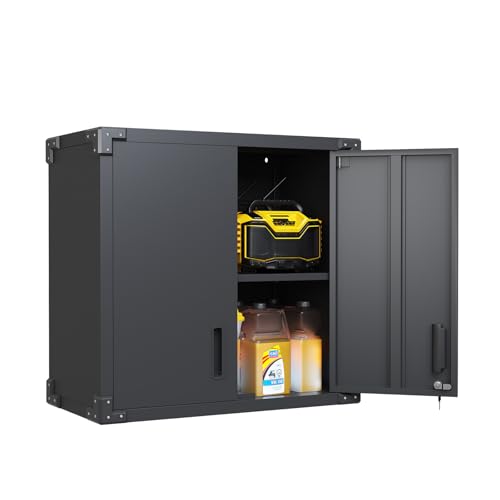 Garage Storage Cabinet Wall Cabinet with 2 Doors,Lockable Tool Cabinets Wall Mounted with Adjustale Shelves,Heavy Duty Steel Hanging Cabinets for Warehouse Kitchen Laundry,Assembly Required