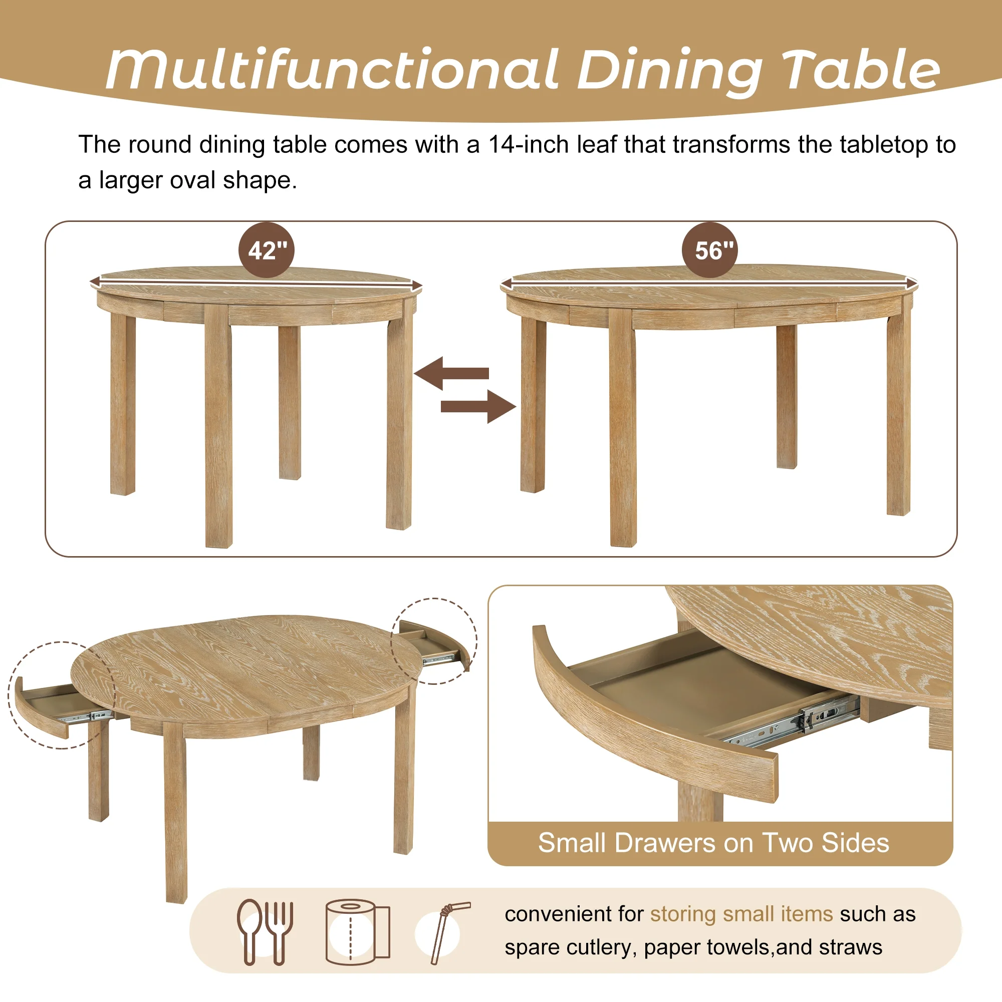 5-Piece Multifunctional Dining Table Set, Farmhouse Dining Set with Extendable Round Table ,Two Small Drawers and 4 Upholstered Dining Chairs for Kitchen and Dining Room (Natural Wood Wash)