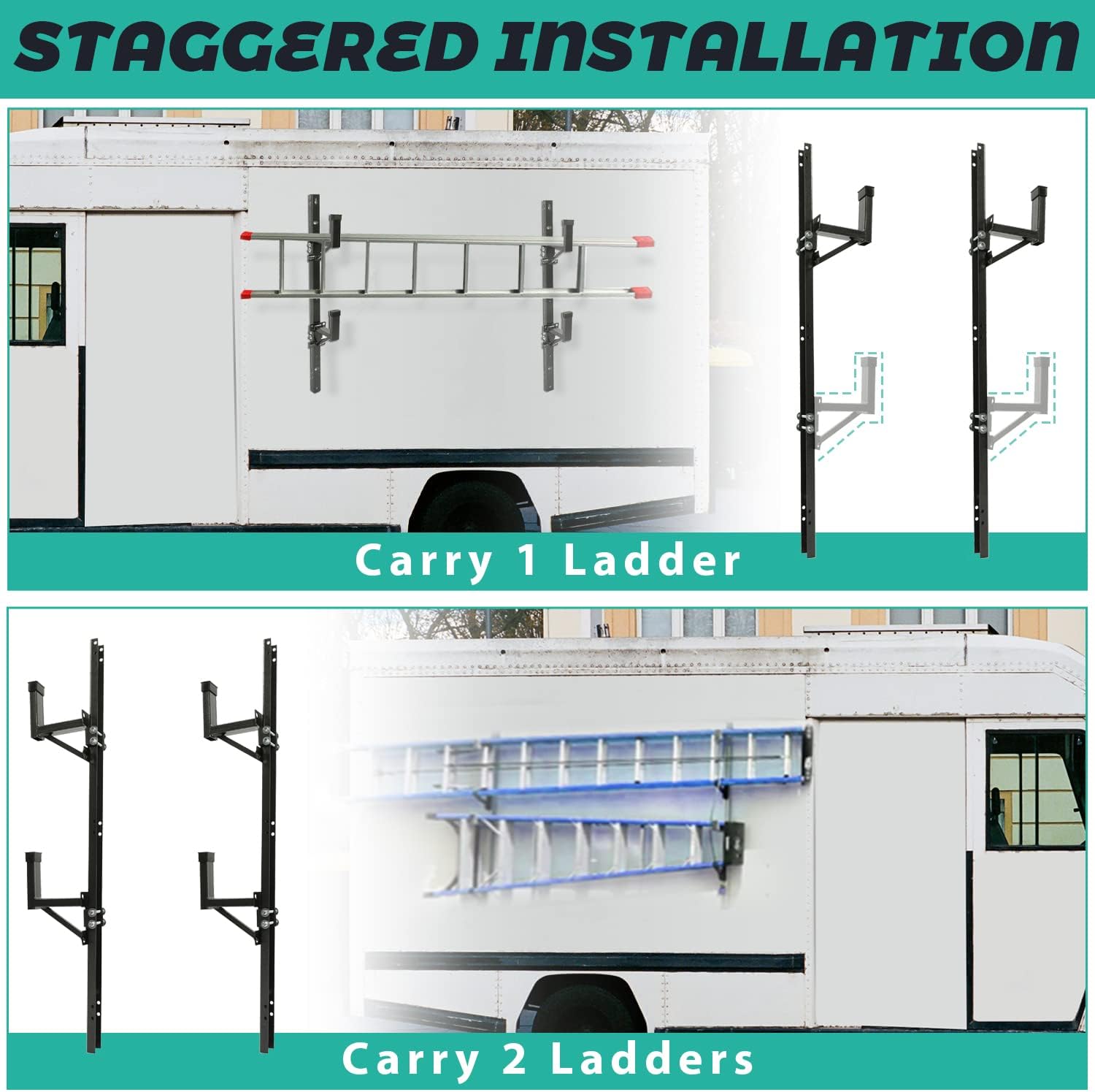 Kojem Adjustable Trailer Ladder Rack Universal Side Mount Trailer Ladder Rack Adjustable Fit for Enclosed Trailer Exterior Side Wall (Carry 2 Ladders)