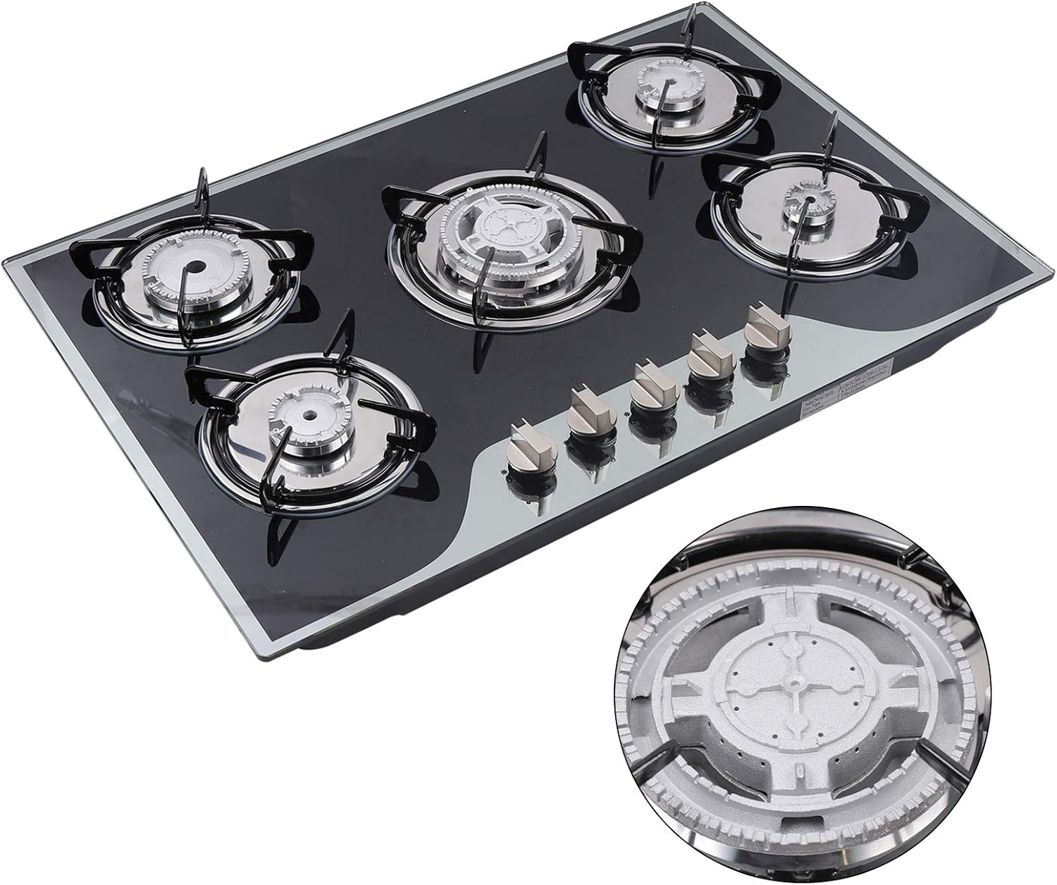 30In Gas Cooktop Stove Top, Gas Cooktop 5 Burner Tempered Glass Cooktop Built in Natural Gas/LPG Stove for Home Kitchen Cooker Easy Cleaning Stainless Steel Water Tray