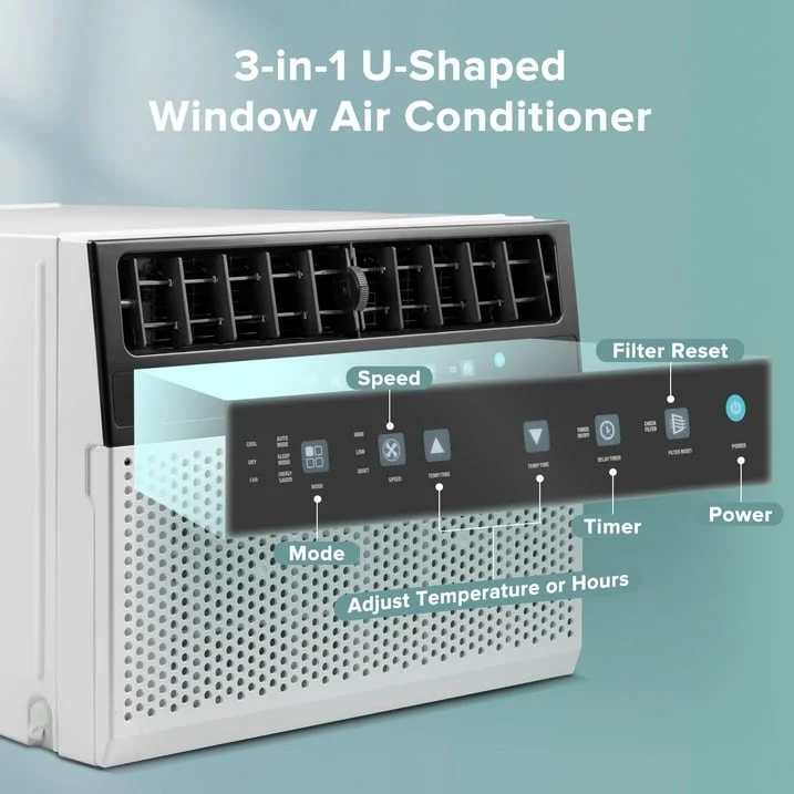 KISSAIR Window Air Conditioners 8,100 BTU (12,000 BTU ASHARE), U-Shaped Air Conditioner Window Unit Cools up to 550 Sq. Ft, 3-In-1 Window AC Units, Full Window View-White