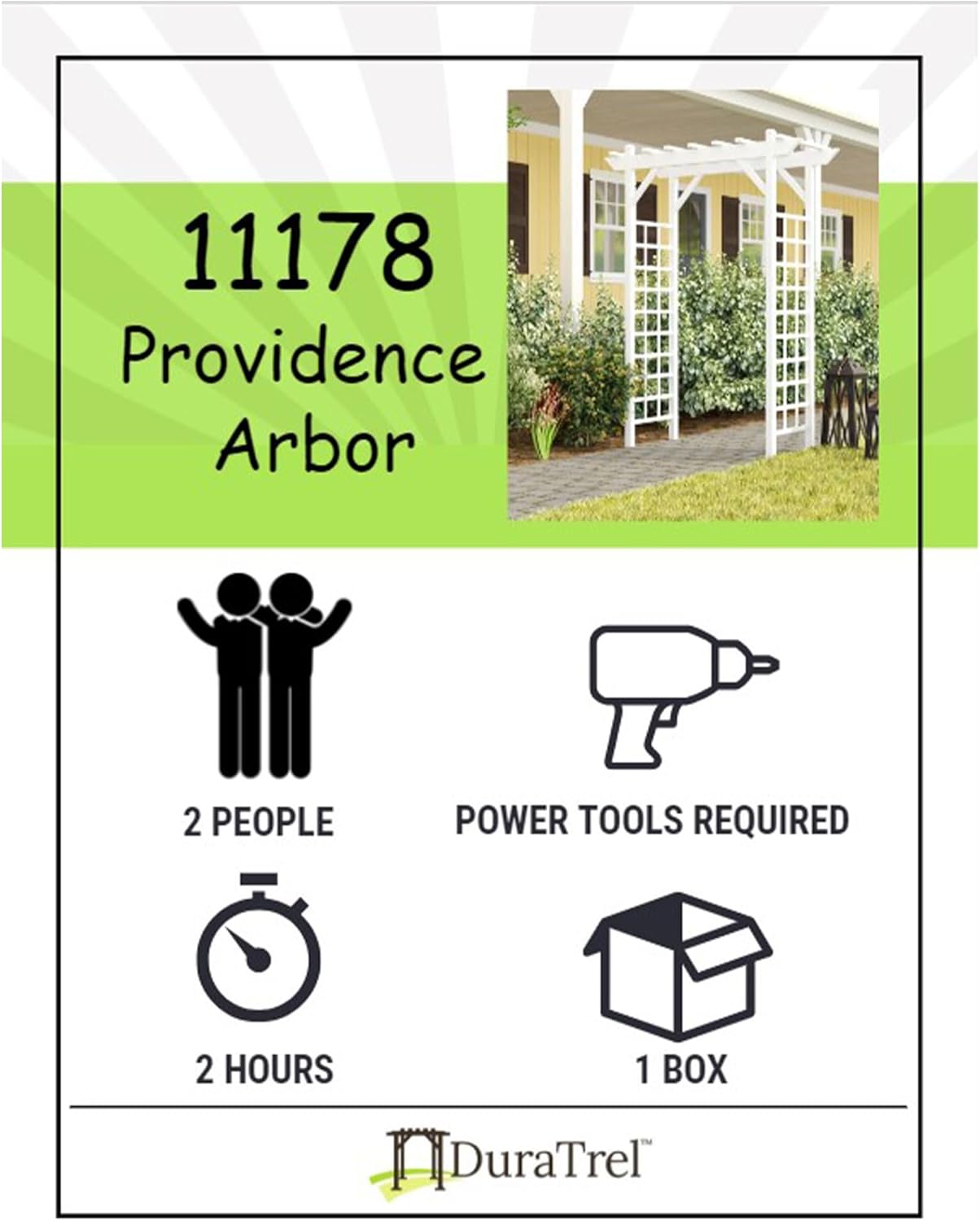 Dura-Trel Providence Arbor, 64 by 85 Inch PVC Patio Garden Arch, Outdoor Lattice Frame Decoration or Trellis for Climbing Plants, White