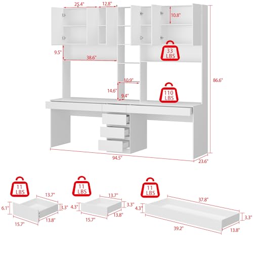 Homsee Modern 2-in-1 Computer Desk for 2 Person with Tall Bookshelf, 94.5" L Office Desk Writing Study Table with 6 Drawers, 15 Shelves & 6 Doors for Home Office, White