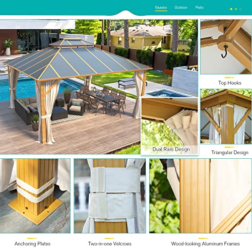 YOLENY 10' x 12' Hardtop Gazebo, Wood-Looking Gazebo with Galvanized Steel Double Roof, Aluminum Frame, Permanent Metal Pavilion with Netting and Curtains for Deck, Backyard, Patio and Lawns