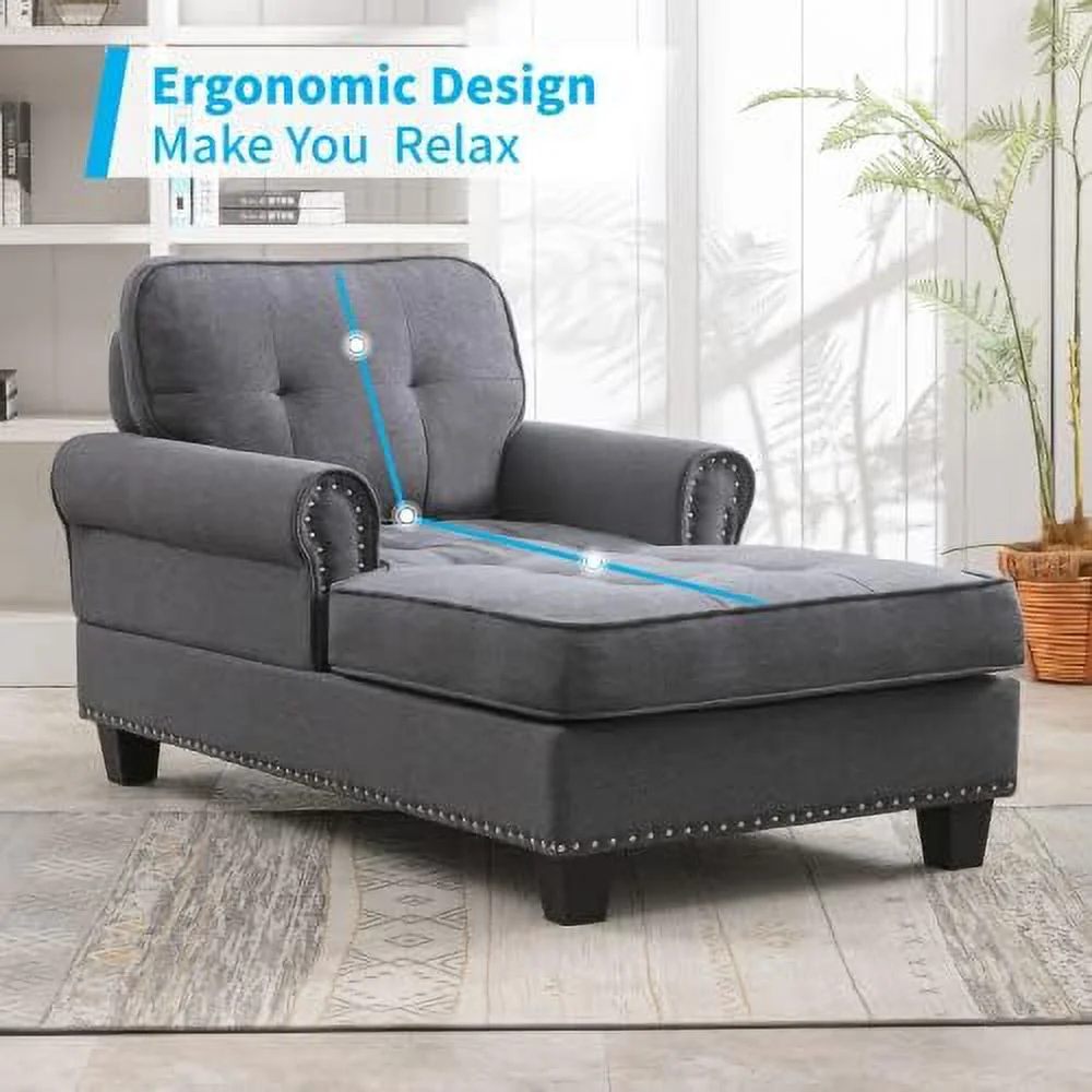 RUNFAYBIU Chaise Lounge Sofa Couch Linen Chaise Sofa Bed Bench with Tufted Back  Mid-Century Sleeper Sofa Chair Bed for Small Place/Apartment/Living Room/Office/Studio (Dark Gray)