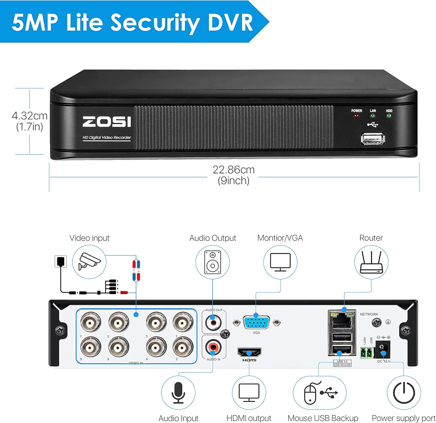 ZOSI H.265+ 5MP Lite 8 Channel CCTV DVR Recorder with Hard Drive 2TB, Remote Access, Motion Alert Push, Hybrid Capability 4-in-1(Analog/AHD/TVI/CVI) Full 1080p HD Surveillance DVR for Security Camera