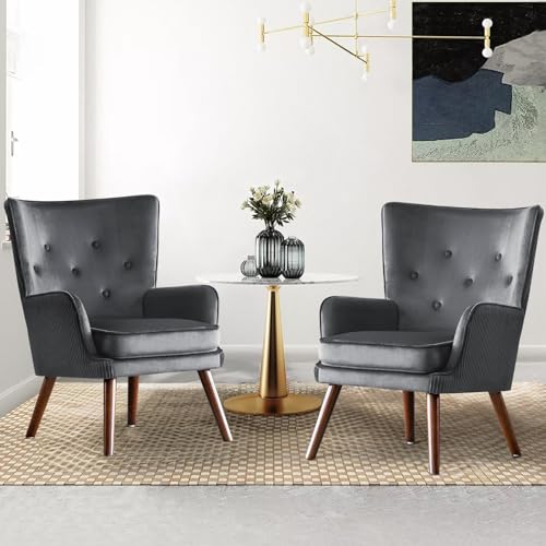 Wingback Velvet Accent Chairs, Mid Century Modern Arm Chair Tufted Button Armchair, Comfy Upholstered Club Lounge Sofa Reading Chair with Solid Wood Legs for Living Room, Bedroom, Blue
