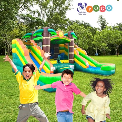 Pogo Bounce House Crossover Tropical Inflatable Bounce with Double Inflatable Water Slides for Kids, 16.5 x 15 x 11 Foot, Bouncy House, Commercial Outdoor Party Bouncer with Blower, Stakes, Bag