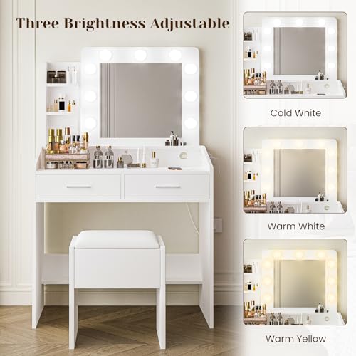 Vanity Desk with Mirror and Lights, Makeup Vanity Desk with Charging Station and Cushioned Stool, Dressing Table with 2 Drawers & 3 Lighting Modes Adjustable Brightness for Bedroom, Black