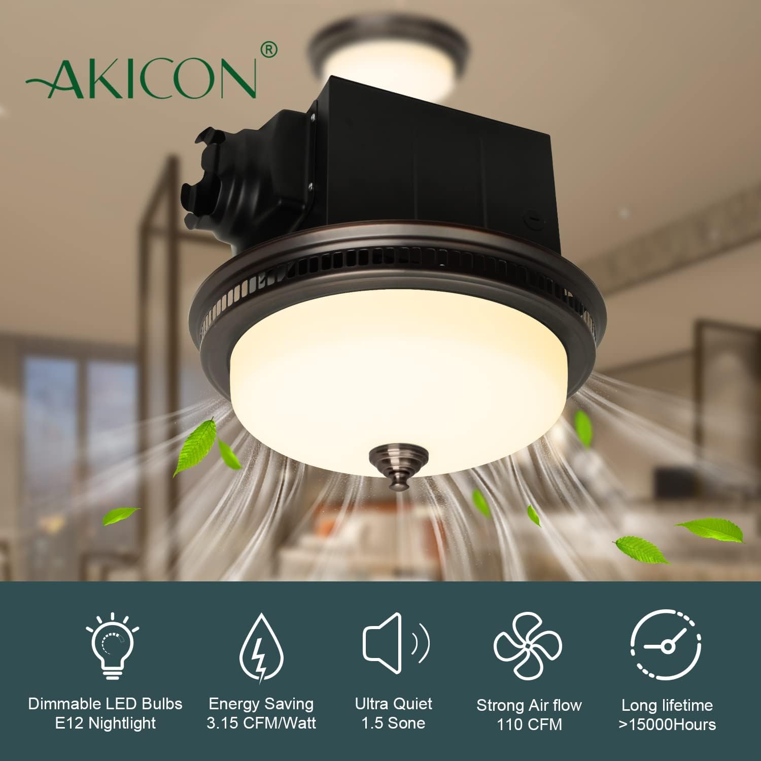 Akicon Ultra Quiet 110 CFM Round Exhaust Bathroom Fan with Warm Light and Nightlight Bronze (3x9W GU24 Base LED Bulbs and 1pcs E12 Nightlight Included)