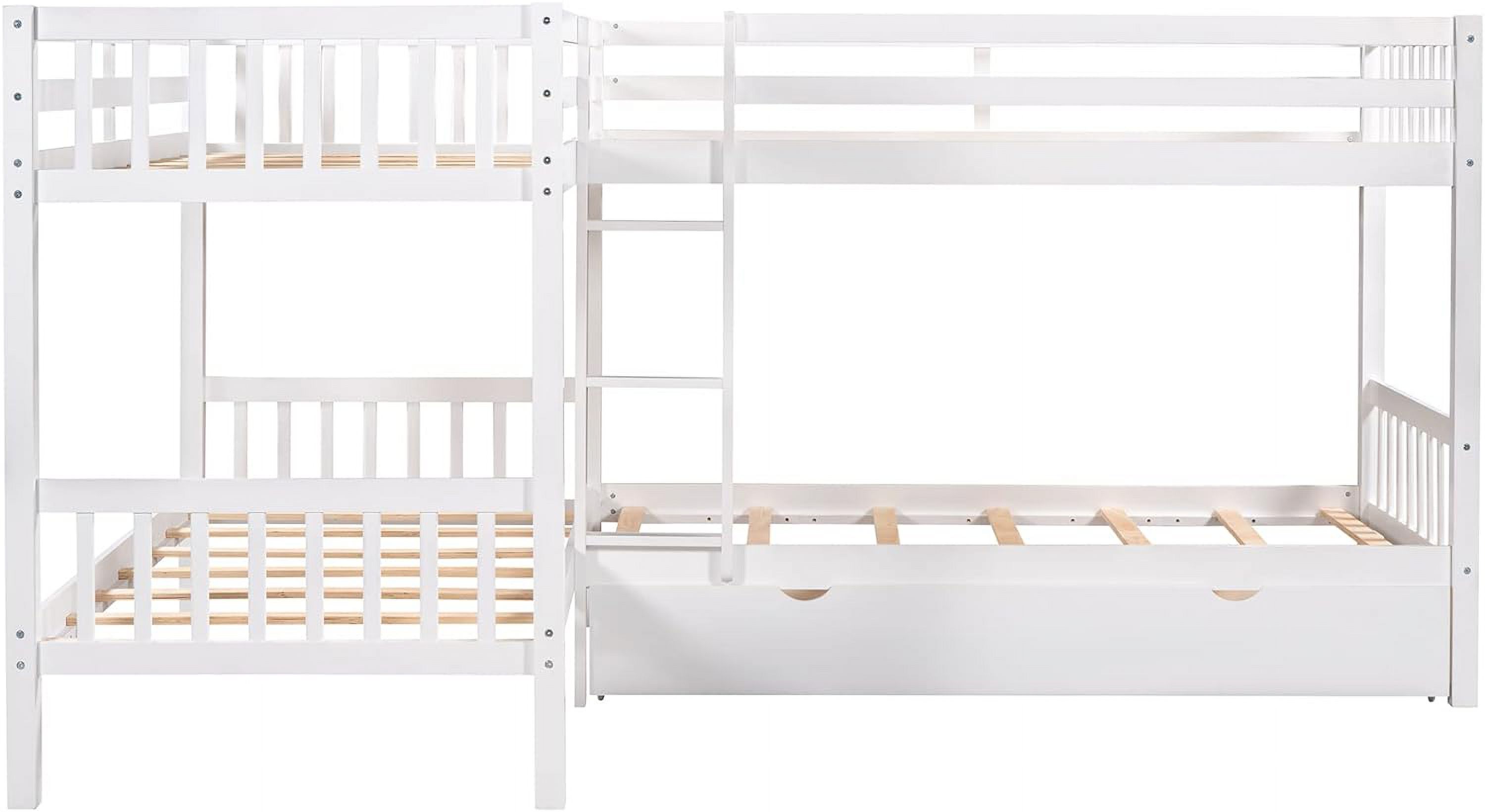 Wooden Bunk Beds For 4 Kids, Over L-Shaped Bunk Bed Frame With Storage Drawers (White)