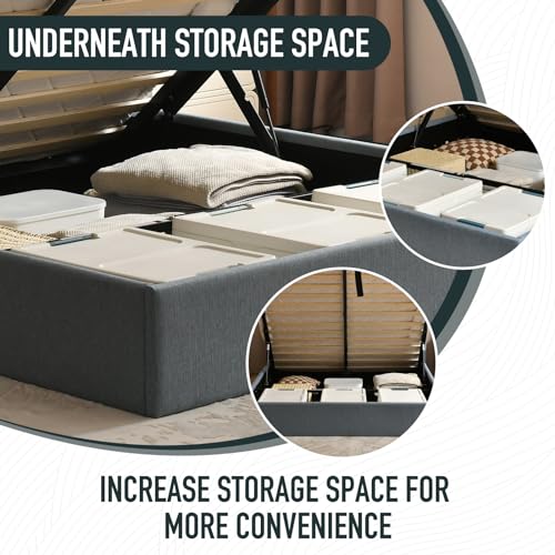 Hydraulic Lift Storage Bed, Queen Upholstered Bed Frame with Linen Headboard, Ample Storage Space, Wooden Slat Support, No Box Spring Required (Beige, Full)