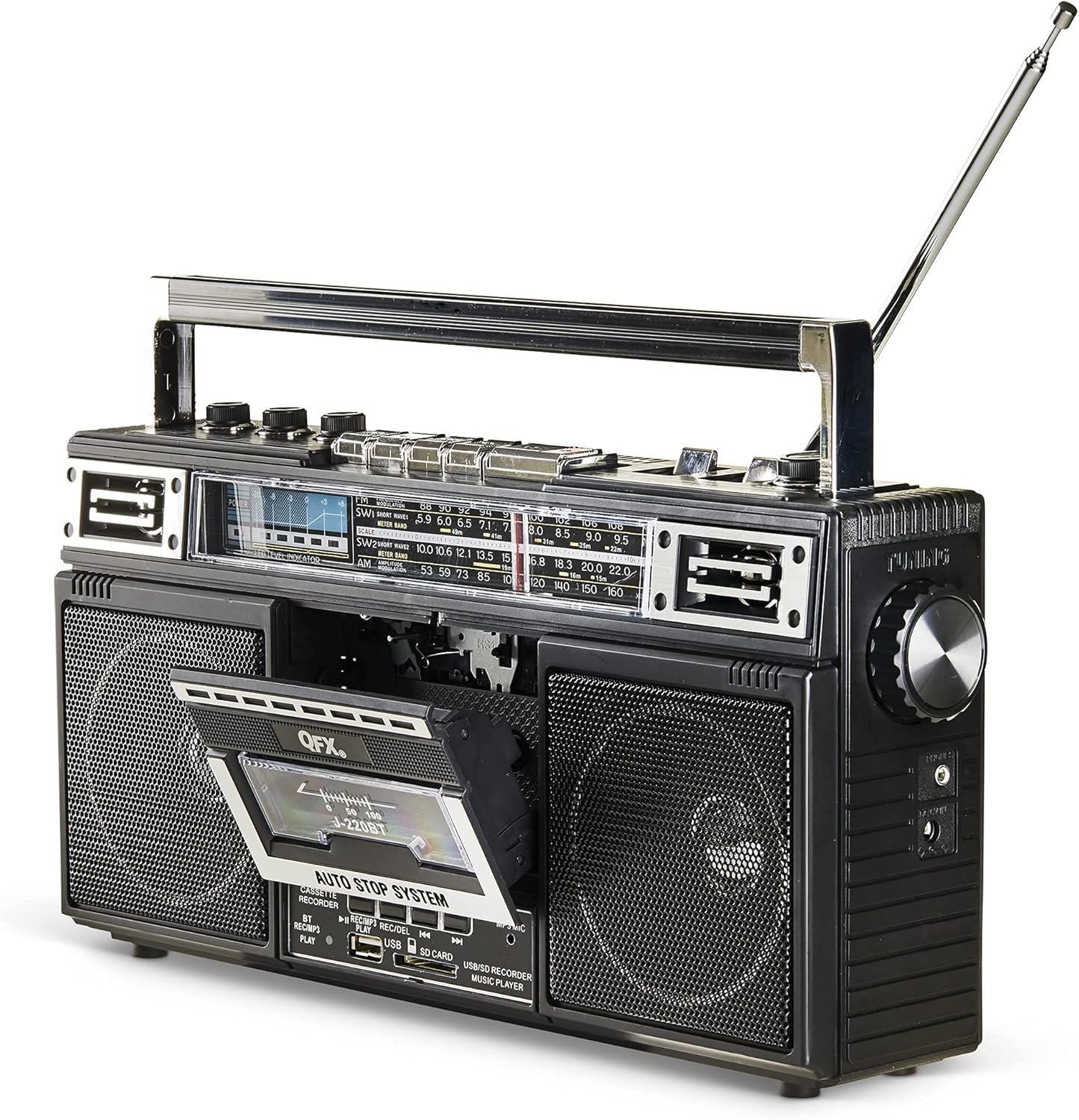 QFX J-220BT ReRun X Cassette Player/Recorder Boombox 4-Band (AM, FM, SW1, SW2) Bluetooth Portable Recording Boombox with Dual 3” Speakers, Built-in Microphone, 3-Band Equalizer Pack of 2