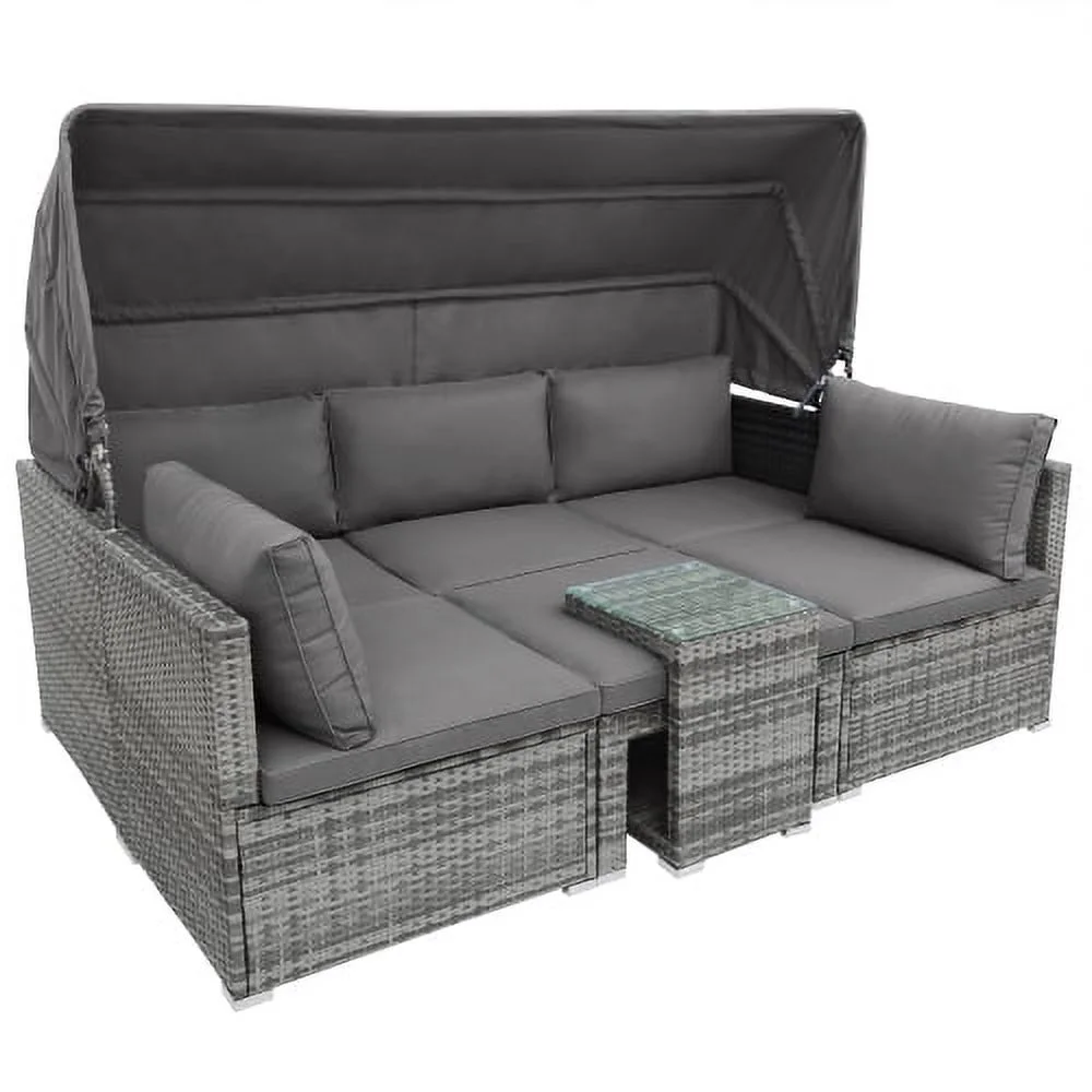Churanty 5 Pieces Outdoor Conversation Wicker Furniture Set Sectional Patio Rattan Sofa Set Rattan Daybed with Canopy and Glass Side Table, Gray