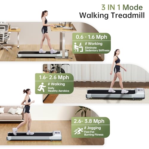 MJWW Walking Pad Treadmill, Mini Under Desk Treadmill with 300 Lb Capacity, 2.5 HP Quiet Walking Treadmill for Home Office, Portable Small Walking Pad with Smart APP, Remote Control, LED Display