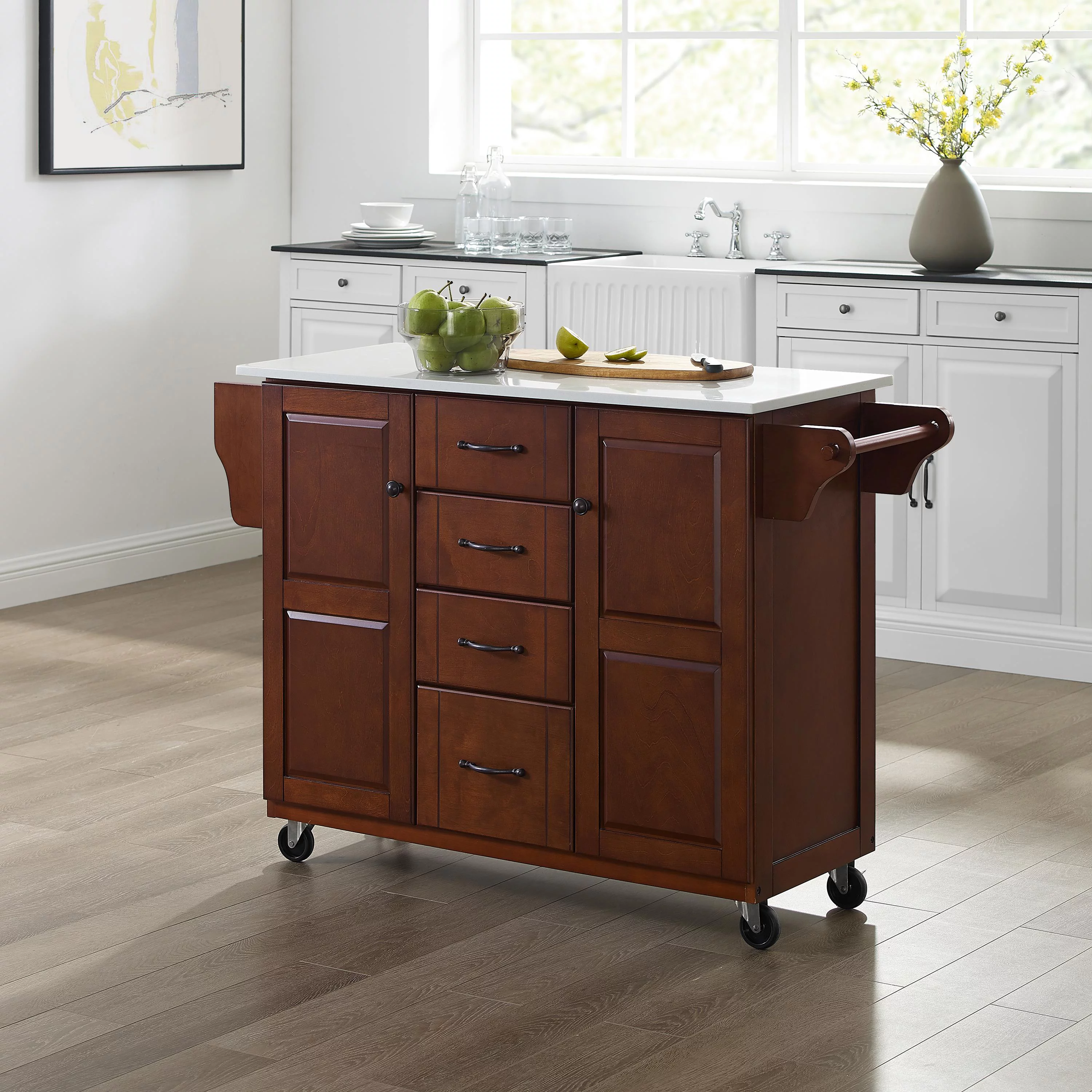 Crosley Eleanor White Granite Top Kitchen Cart in Mahogany