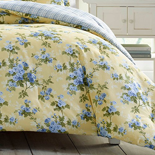 Laura Ashley Cassidy Yellow Comforter Set, King, Includes Bonus Euro Shams & Throw Pillows Lorelei Dark Blue King Sheets, Soft Sateen Cotton Bedding Set, 4 Pieces