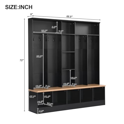 Wide Hall Tree with Shoe Storage Bench, Minimalist Entryway Bench with Coat Rack, Cube Storage and Shelves, Multifunctional Mudroom Bench with Storage and 8 Hooks for Entryway, Hallway (White)