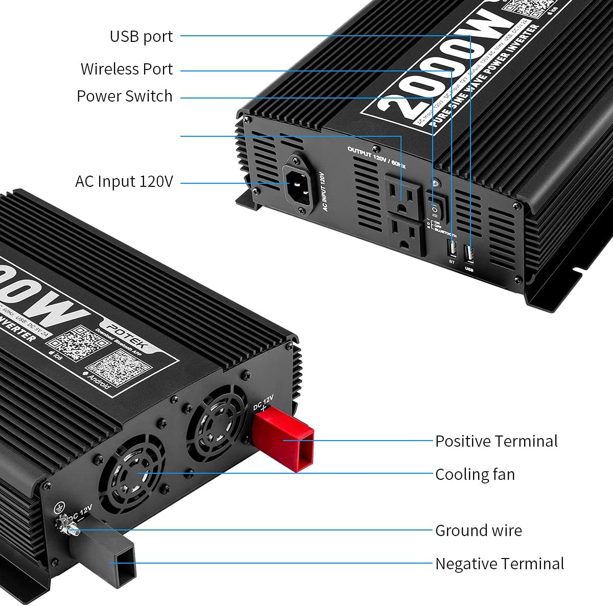 POTEK 2000W Pure Sine Wave Inverter with Automatic Transfer Switch 12V DC to 120V AC and Bluetooth