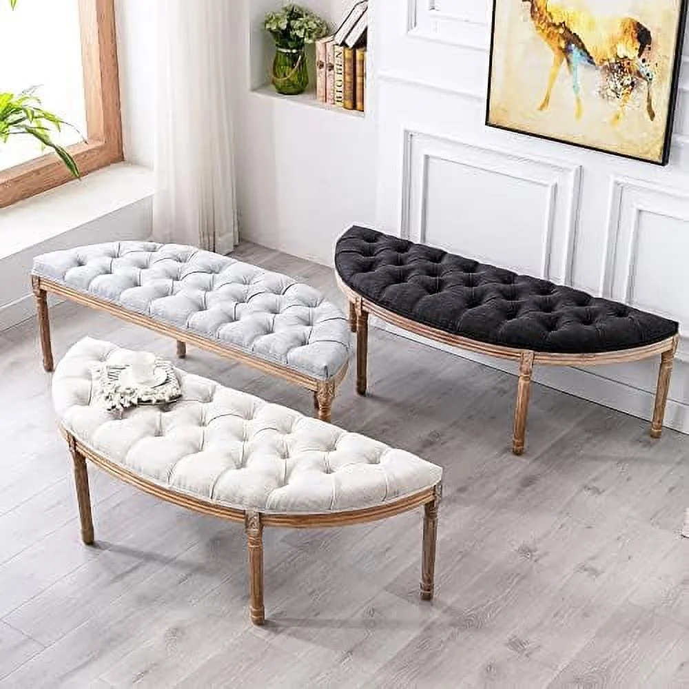 55" Halfmoon Entryway Bench Tufted Semi Circle Ottoman Bench Seat French Style Upholstered Bed End Bench for Foyer Mudroom Bedroom  Beige