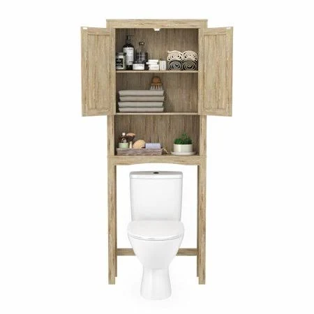 Bathroom Cabinet, Over The Toilet Space Saver, Particleboard, with 3-Shelves and 2-Doors Wall Cabinet, Brown 5061025