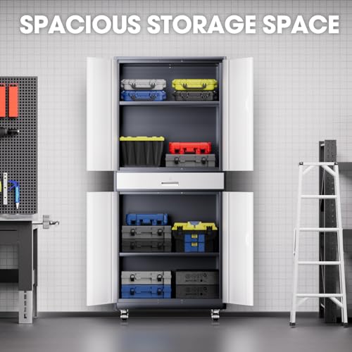 DNA MOTORING 71'' Metal Storage Cabinet, Locking Tool Cabinet with 1 Drawer and Adjustable Shelves, Lockable Heavy Duty Metal Locker for Garage,Office,Home,Gym, Gray, TOOLS-00629-GY-GY-A